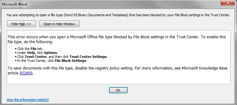 Blocked by your file block settings in the trust center